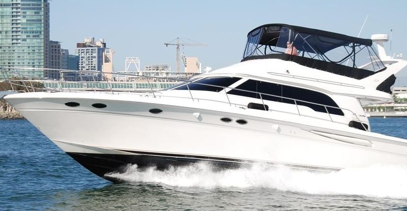 A white yacht of San Diego private yacht charters in the bay of San Diego, CA.