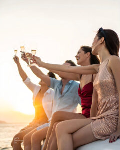 Women having a glass of wine in their hands in toss